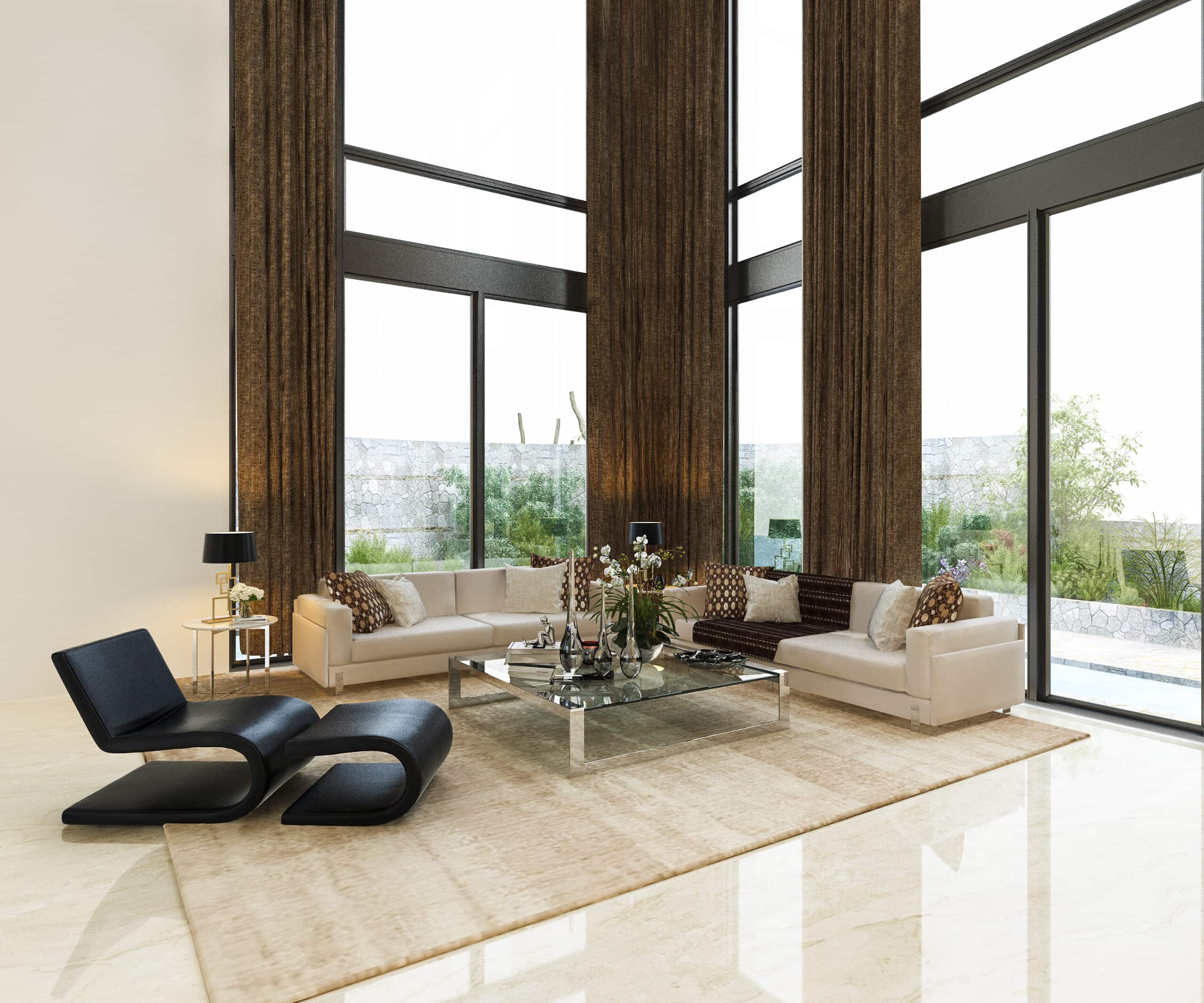 Spacious living room with large windows and contemporary furniture for room additions.