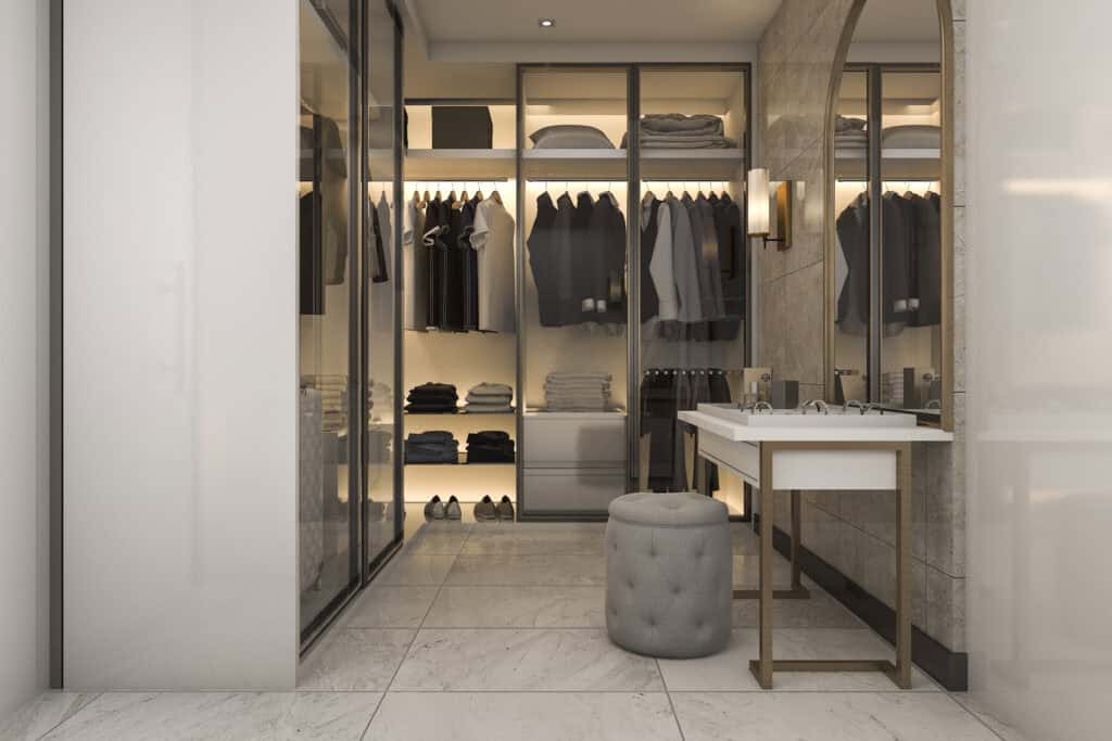 Dressing table setup with mirror in modern bedroom interior