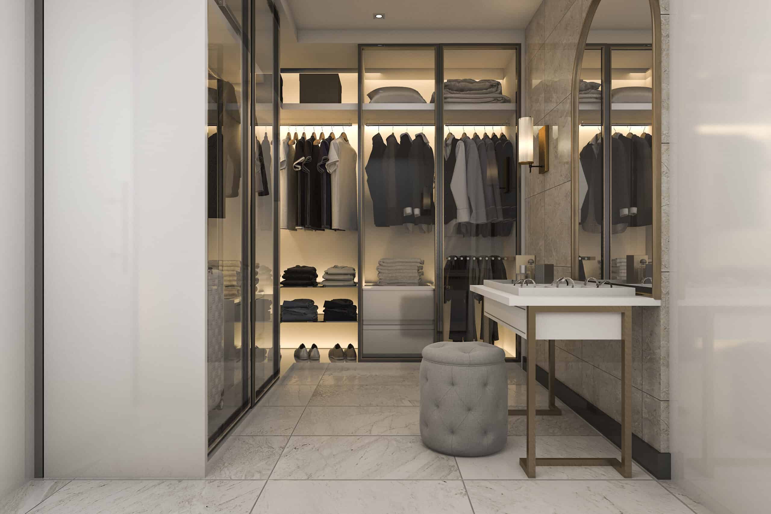 Dressing table setup with mirror in modern bedroom interior
