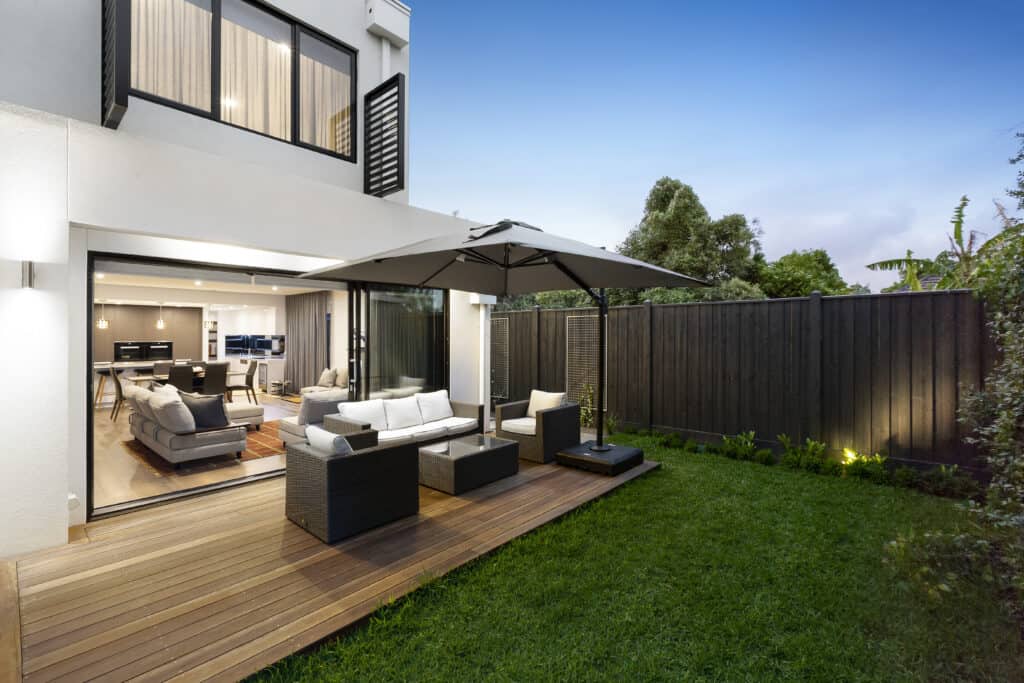 Backyard remodeling project with landscaped design
