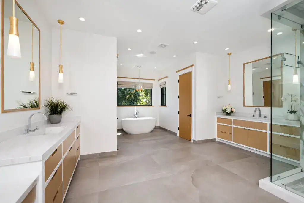 Bathroom with marble countertops and modern fixtures