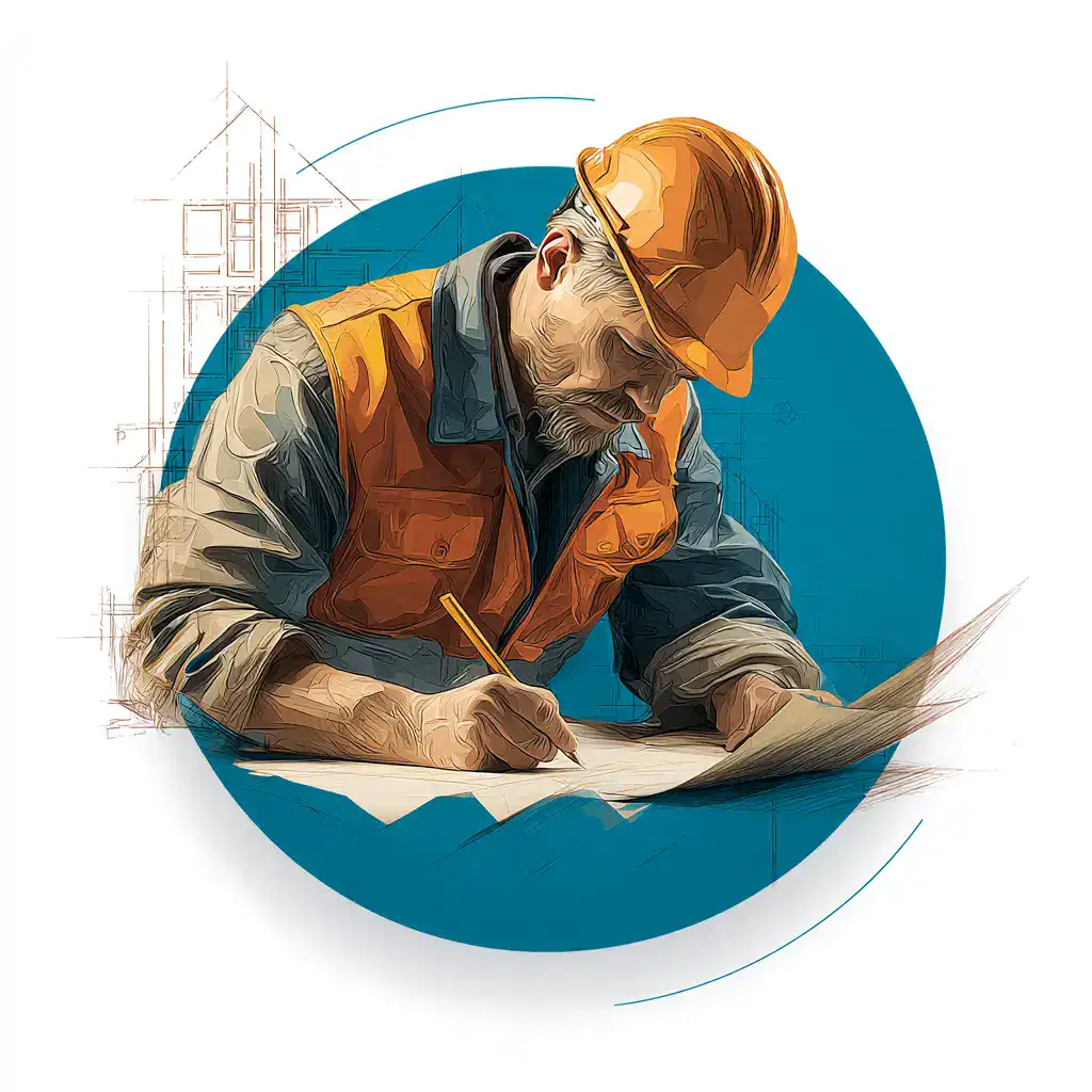 Skilled contractor planning bathroom renovation with blueprints and tools.