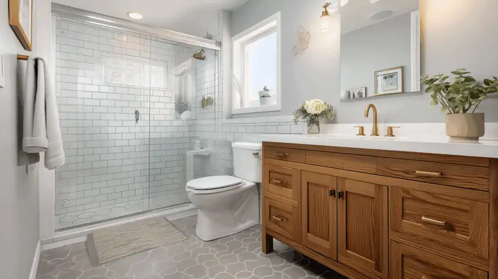 A modern bathroom featuring a warm wood vanity, brushed gold fixtures, a glass shower with white subway tile, and a patterned grey floor.