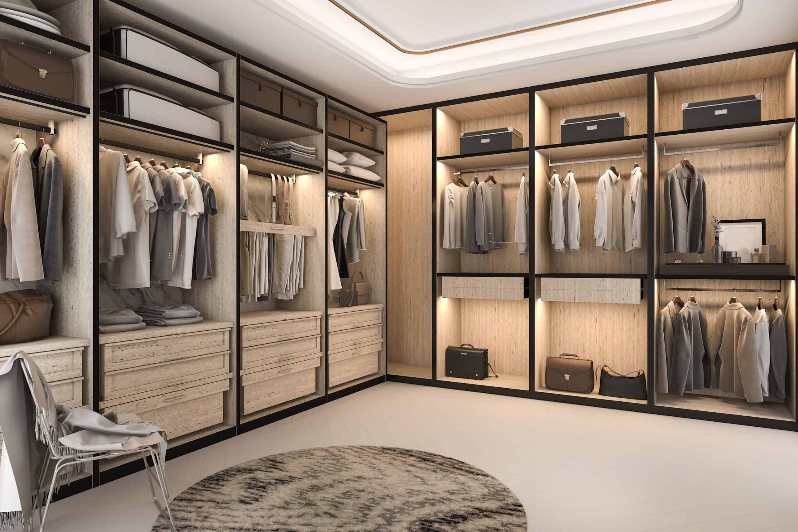 Luxury walk-in closet with custom wood shelving design