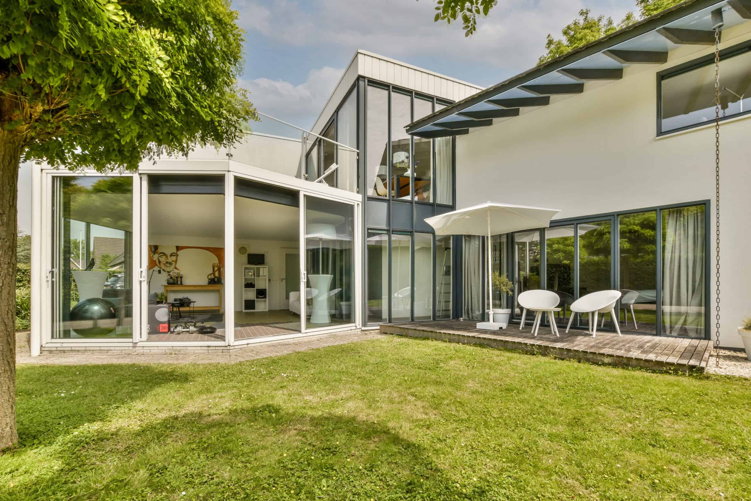 Outdoor patio with clean design and seating arrangement