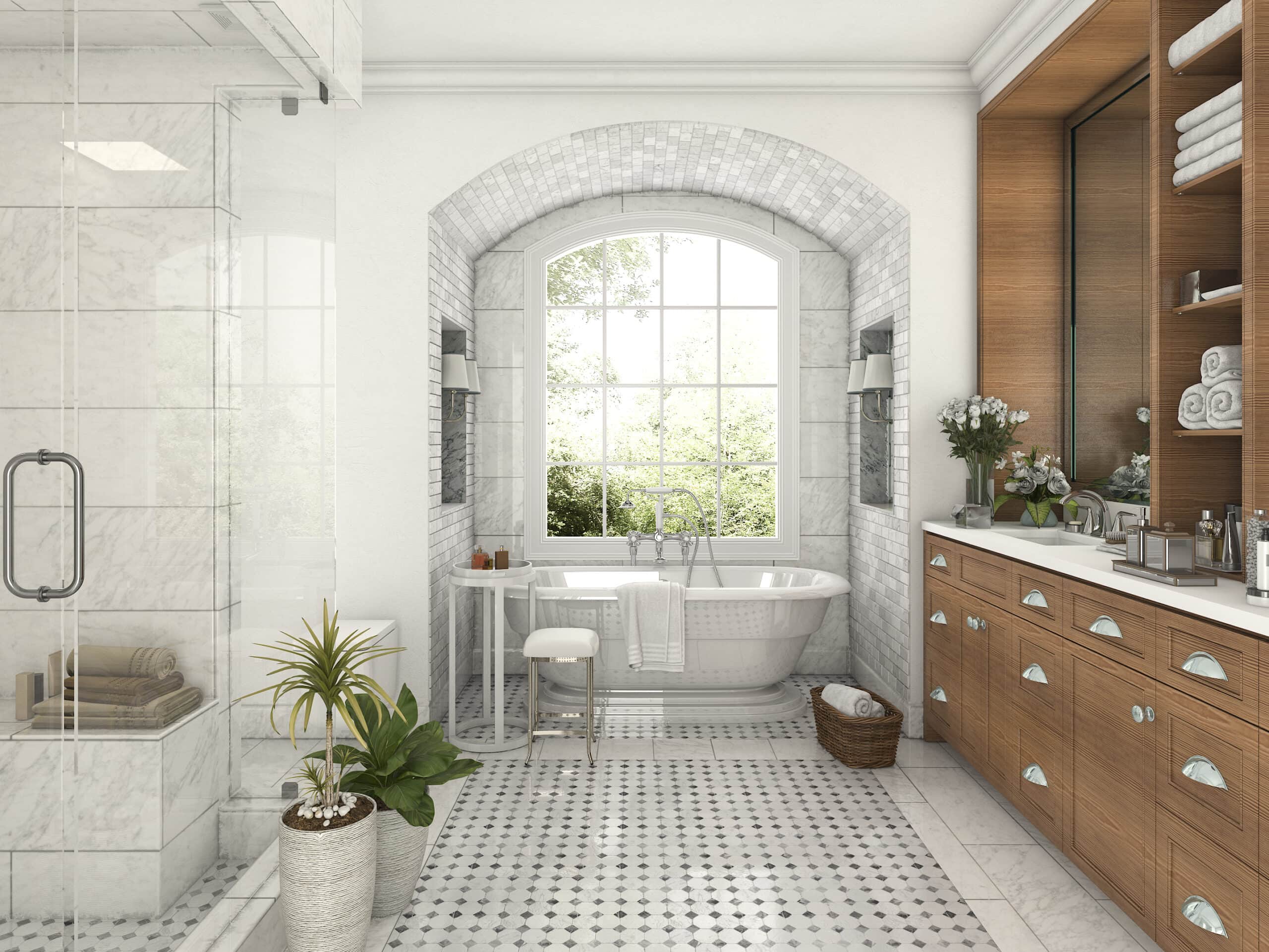 Bathroom renovation with modern design in Newport Beach. Elegant bathtub, natural light, and stylish.