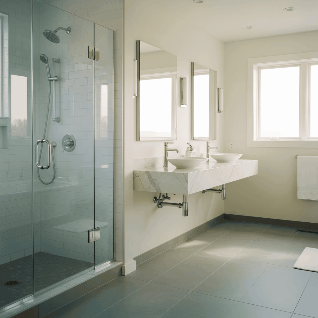 Bathroom remodel with glass shower and dual sinks, showcasing contemporary design.