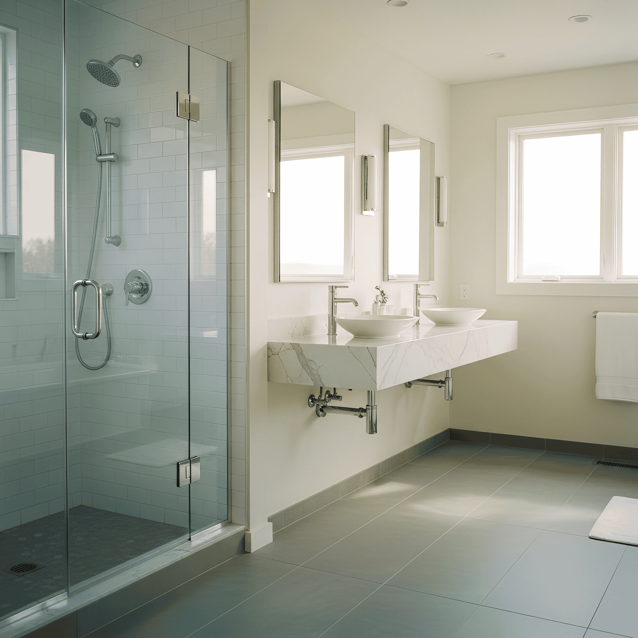 Bathroom remodel with glass shower and dual sinks, showcasing contemporary design.