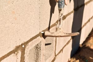 Close-up of a hammer and brick wall for foundation repair in Orange County.